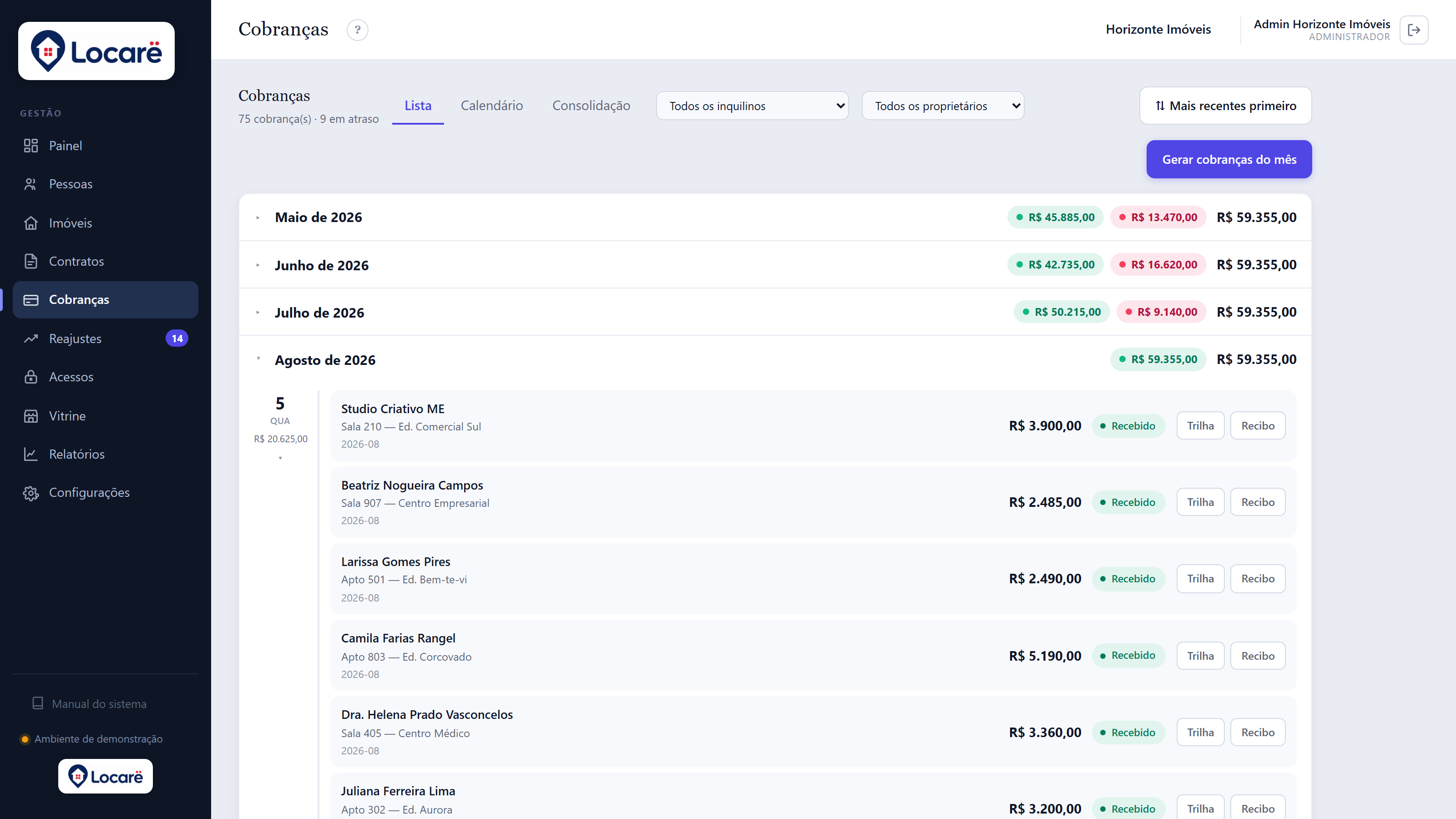 Locarë billing — installments by month with received and overdue amounts, receipt and trail