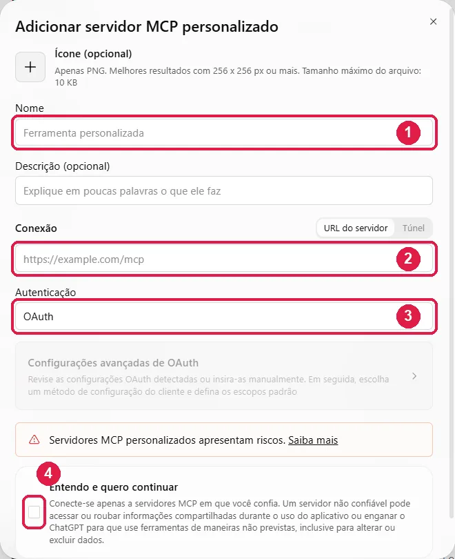 En ChatGPT, agrega Locarë — Plugins → Agregar → servidor MCP personalizado, con la dirección y OAuth.