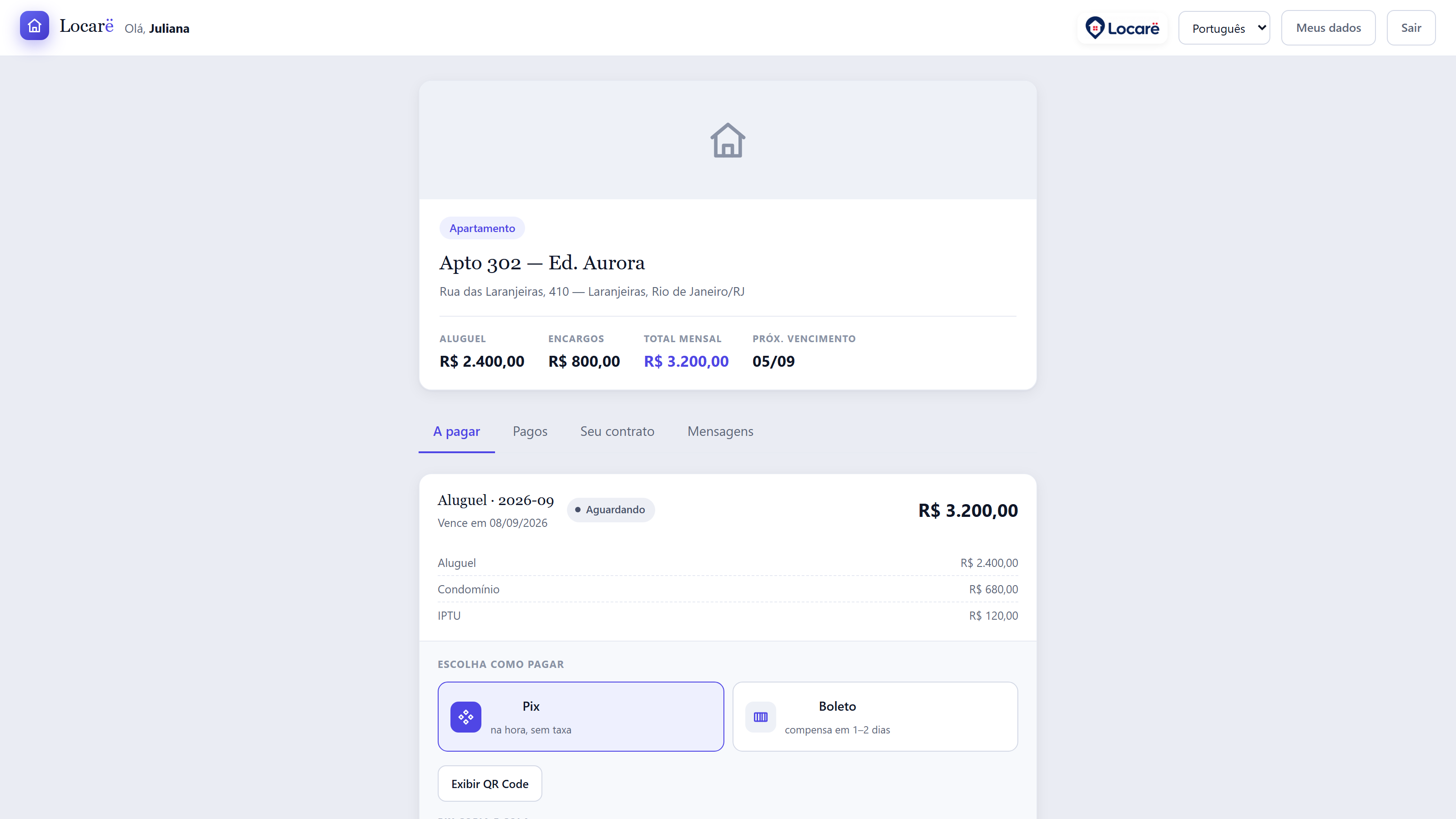 Locarë tenant portal — detailed charge and payment by Pix or bank slip